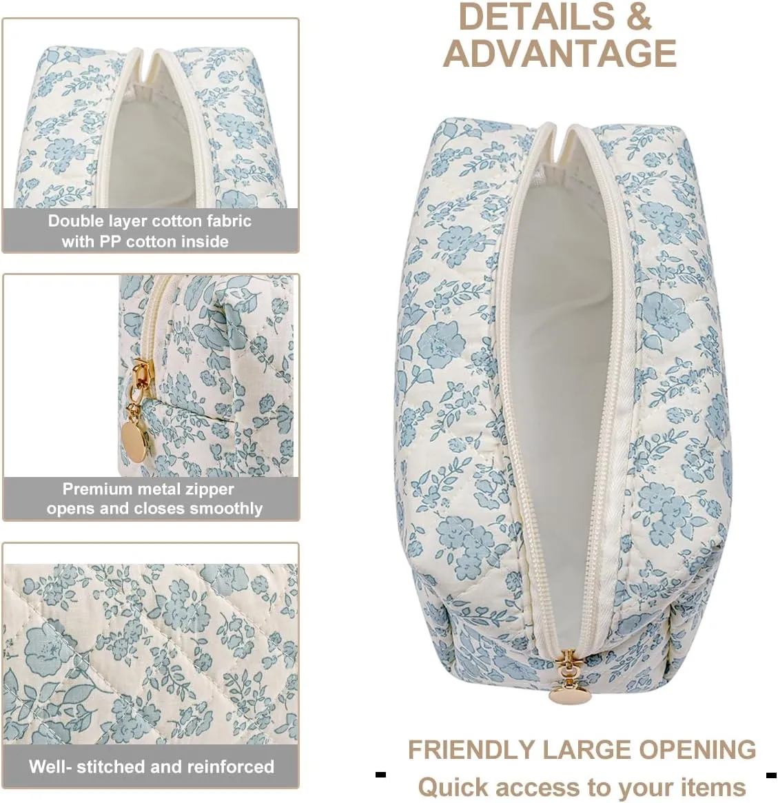 Gleyemor 2 Pieces Quilted Makeup Bag, Cute Floral Cosmetic Bag for Women, Cotton Make Up Bag Set, Flower Travel Toiletry Bag Tote Bag Organizer (Blue Floral  Pink Rose)