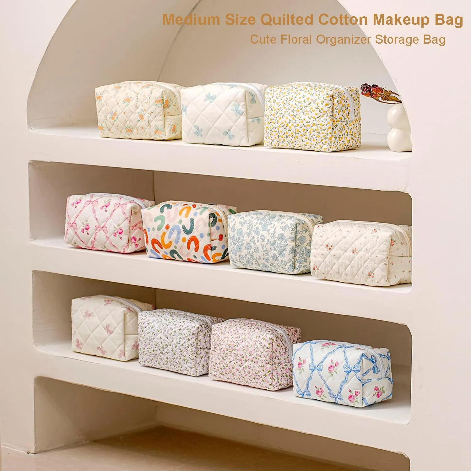 Gleyemor 2 Pieces Quilted Makeup Bag, Cute Floral Cosmetic Bag for Women, Cotton Make Up Bag Set, Flower Travel Toiletry Bag Tote Bag Organizer (Blue Floral  Pink Rose)