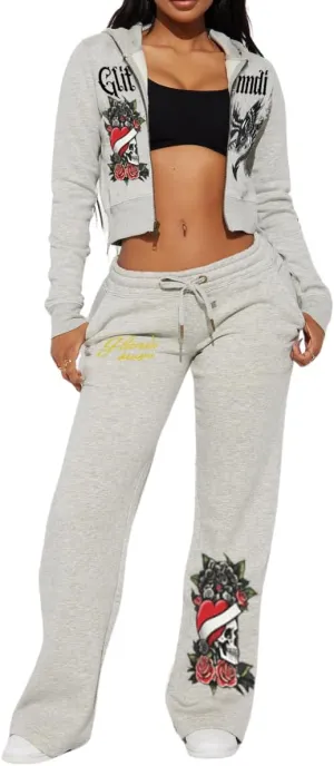 Glitrandi Womens 2 Piece Outfits Fashion Print Cropped Hoodies Jacket Sweatpants With Pockets Tracksuit For Women