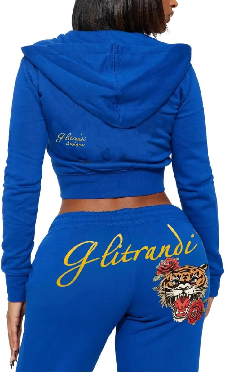 Glitrandi Womens 2 Piece Outfits Fashion Print Cropped Hoodies Jacket Sweatpants With Pockets Tracksuit For Women