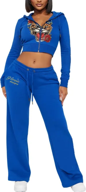 Glitrandi Womens 2 Piece Outfits Fashion Print Cropped Hoodies Jacket Sweatpants With Pockets Tracksuit For Women