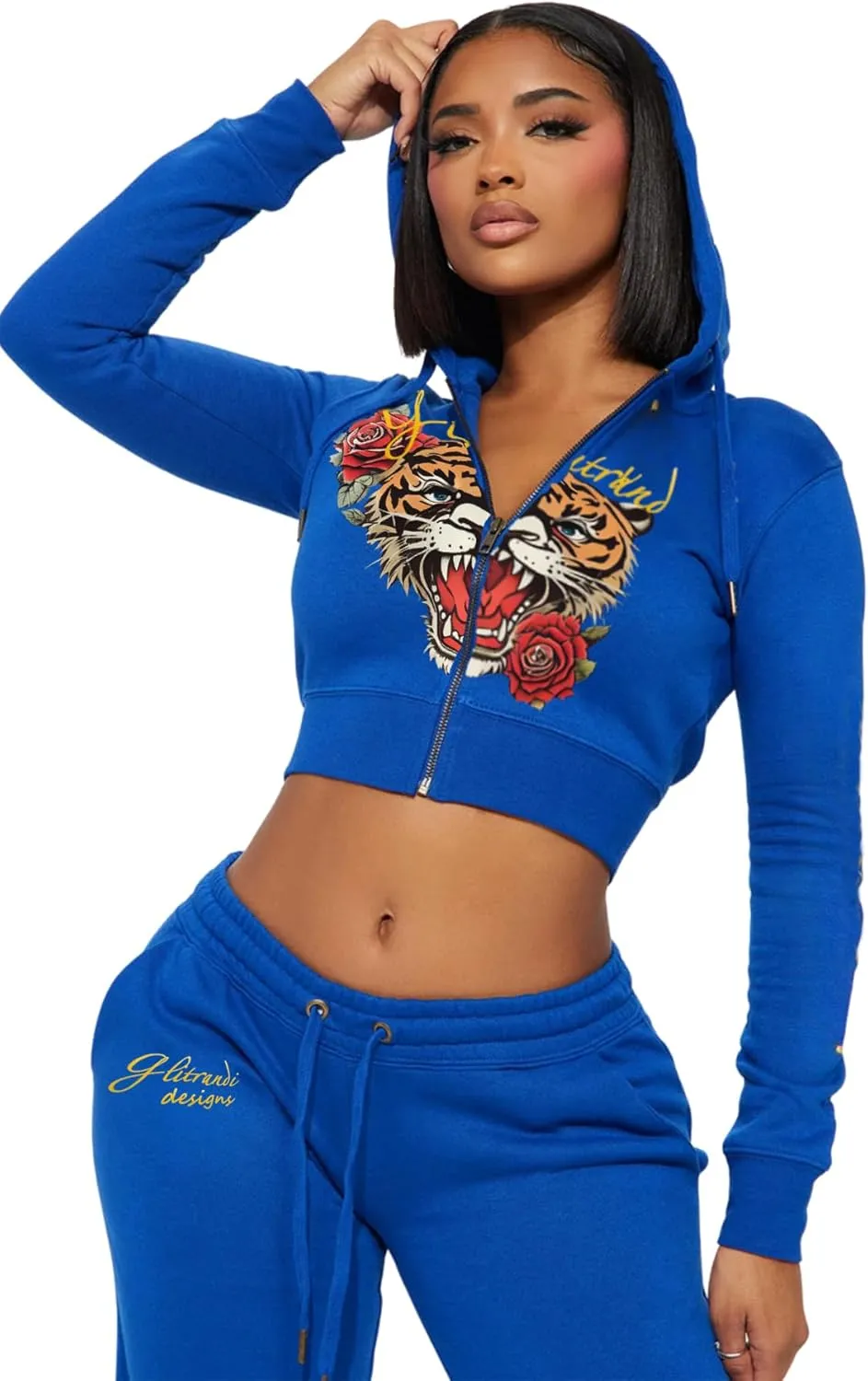 Glitrandi Womens 2 Piece Outfits Fashion Print Cropped Hoodies Jacket Sweatpants With Pockets Tracksuit For Women