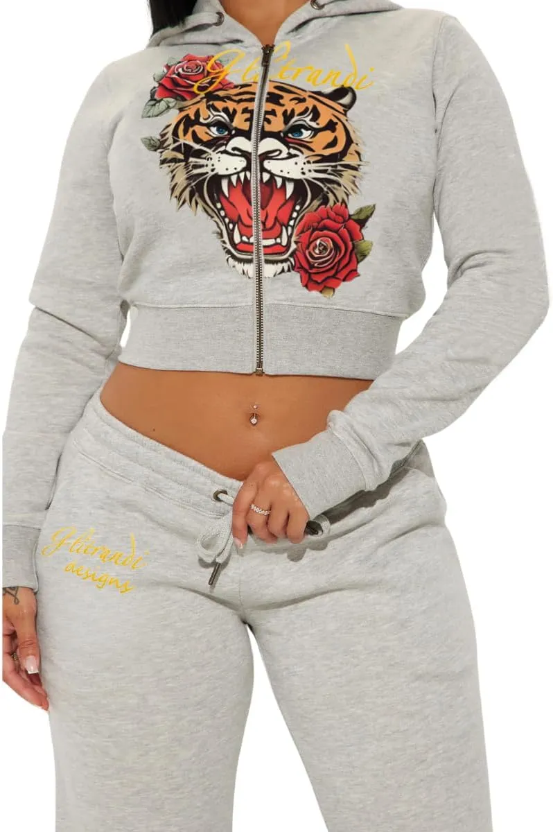 Glitrandi Womens 2 Piece Outfits Fashion Print Cropped Hoodies Jacket Sweatpants With Pockets Tracksuit For Women