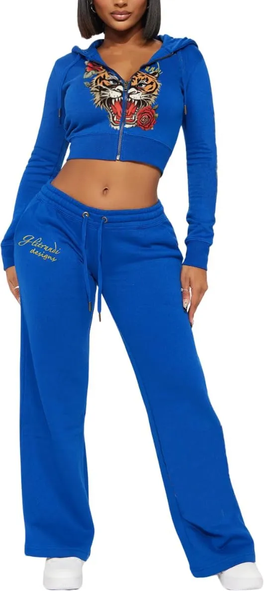 Glitrandi Womens 2 Piece Outfits Fashion Print Cropped Hoodies Jacket Sweatpants With Pockets Tracksuit For Women