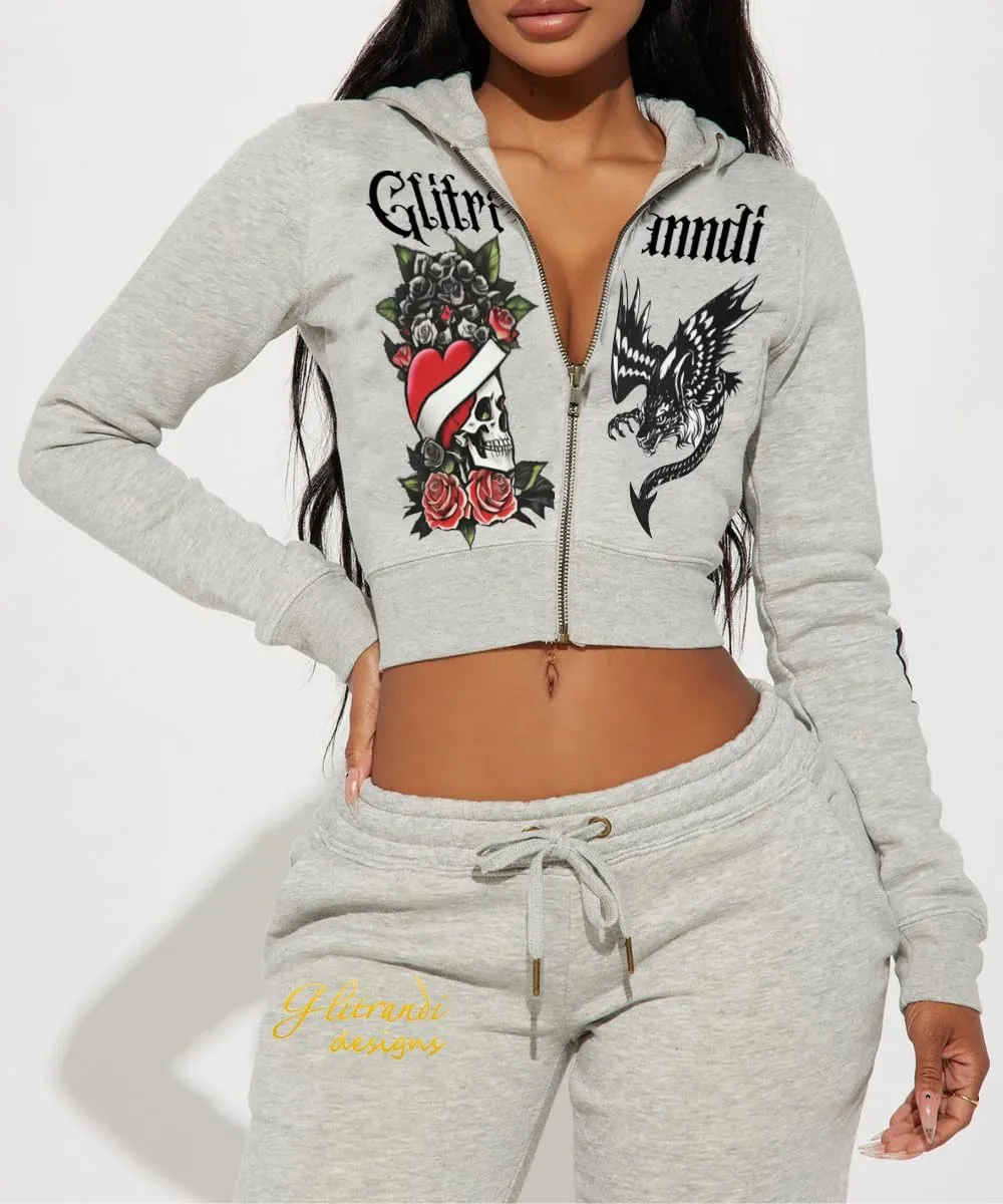 Glitrandi Womens 2 Piece Outfits Fashion Print Cropped Hoodies Jacket Sweatpants With Pockets Tracksuit For Women