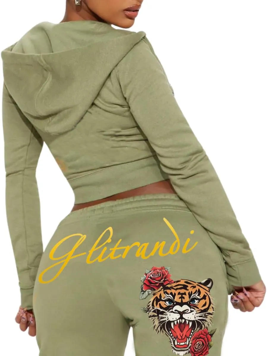 Glitrandi Womens 2 Piece Outfits Fashion Print Cropped Hoodies Jacket Sweatpants With Pockets Tracksuit For Women