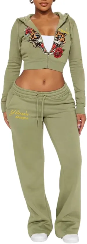 Glitrandi Womens 2 Piece Outfits Fashion Print Cropped Hoodies Jacket Sweatpants With Pockets Tracksuit For Women