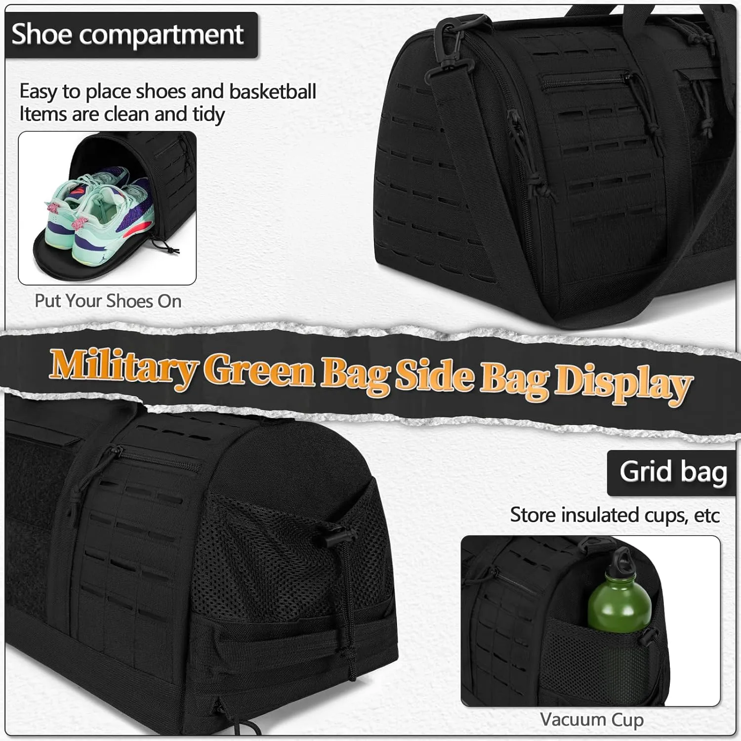 GMAK Military Tactical Duffle Bag for Men, 40L Sports Gym Bag with Shoe Compartment, Carry on Tote Travel Duffle Bag for Weekender Overnight Gym Workout Training Basketball Football, Black