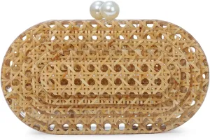 GOKTOW Woven Rattan Clutch Purse with Magnetic Closure Beach Handbag, Lightweight Acrylic Summer Bag for Vacation