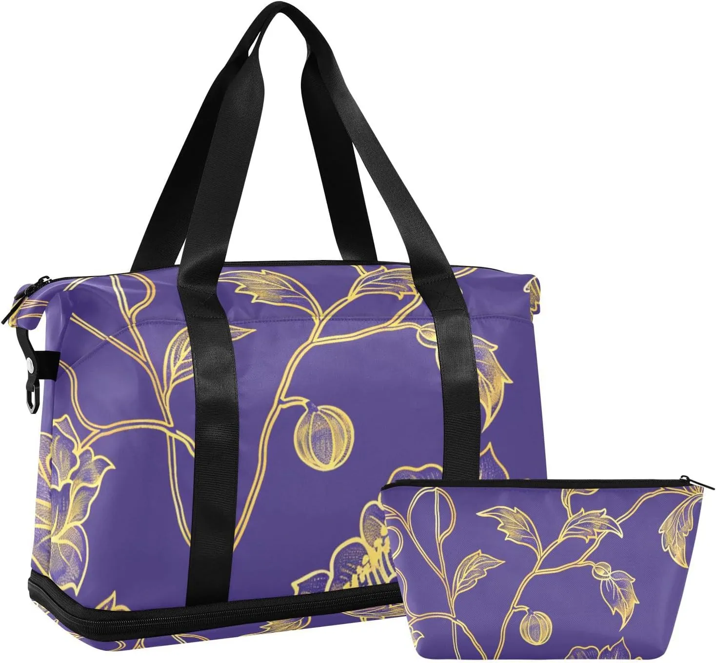 Golden Floral Purple Travel Duffel Bags Weekender Bag with Toiletry Bag for Hiking 2 Pcs Set