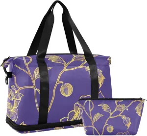 Golden Floral Purple Travel Duffel Bags Weekender Bag with Toiletry Bag for Hiking 2 Pcs Set