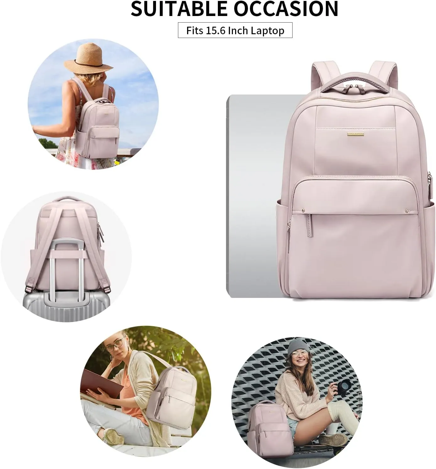 GOLF SUPAGS Laptop Backpack for Women Computer Bag Casual Daypack Fits 15.6 Inch Notebook Work Travel Backpacks (Pinkish Grey)