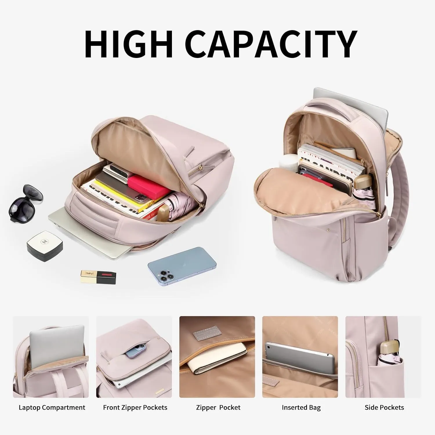 GOLF SUPAGS Laptop Backpack for Women Computer Bag Casual Daypack Fits 15.6 Inch Notebook Work Travel Backpacks (Pinkish Grey)