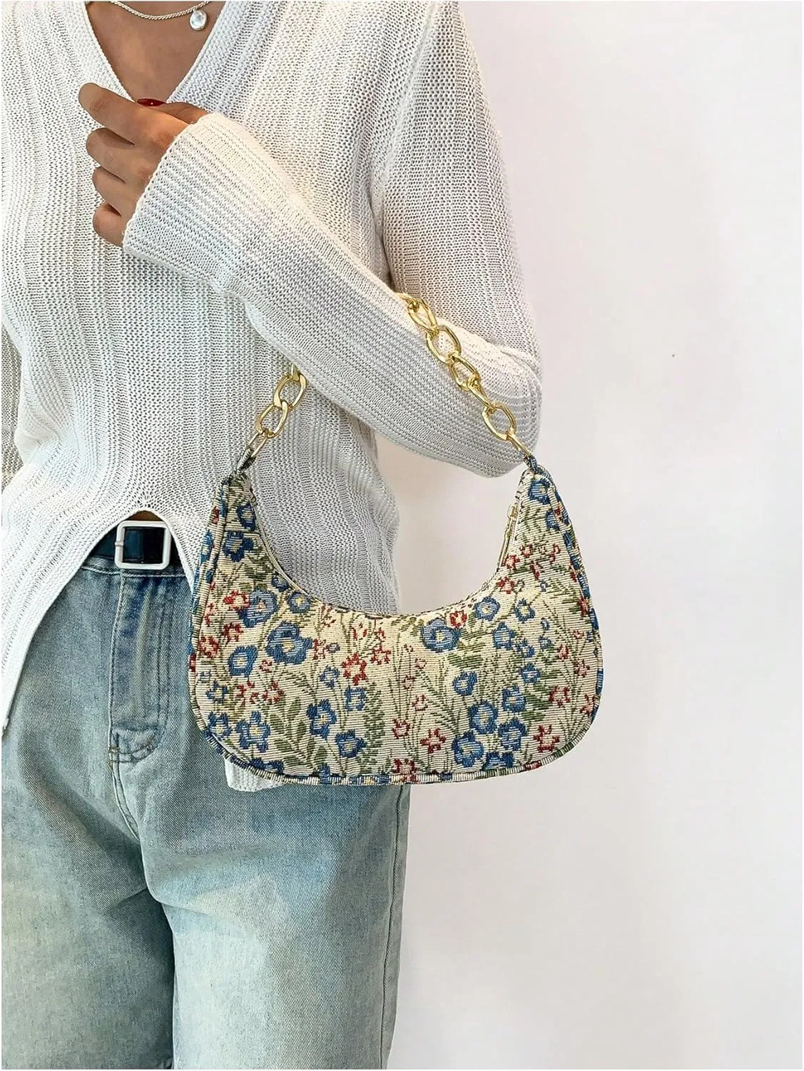 GORGLITTER Women's Floral Graphic Zipper Closure Hobo Bags Chain Strap Clutch Shoulder Handbags