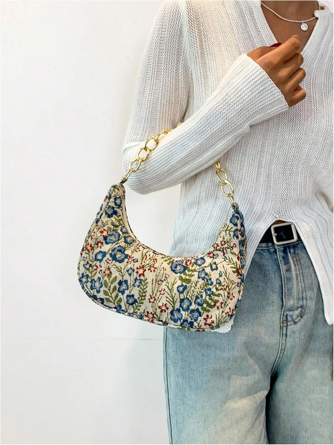 GORGLITTER Women's Floral Graphic Zipper Closure Hobo Bags Chain Strap Clutch Shoulder Handbags