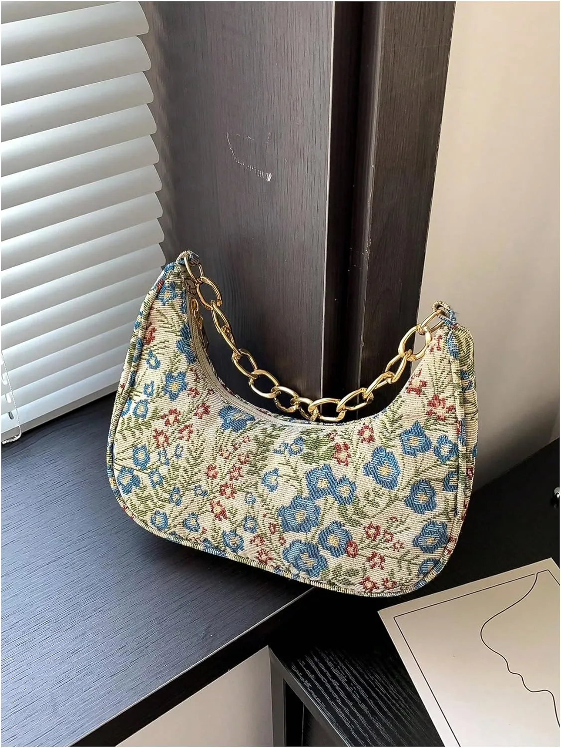 GORGLITTER Women's Floral Graphic Zipper Closure Hobo Bags Chain Strap Clutch Shoulder Handbags