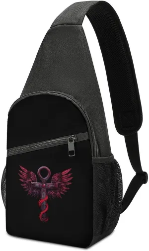 Gothic Silver Ankh Vampire with Red Wings Sling Bag Travel Daypack Crossbody Shoulder Backpack for Hiking Cycling