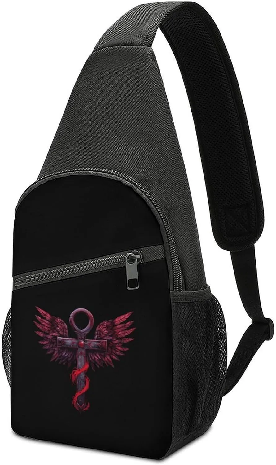 Gothic Silver Ankh Vampire with Red Wings Sling Bag Travel Daypack Crossbody Shoulder Backpack for Hiking Cycling