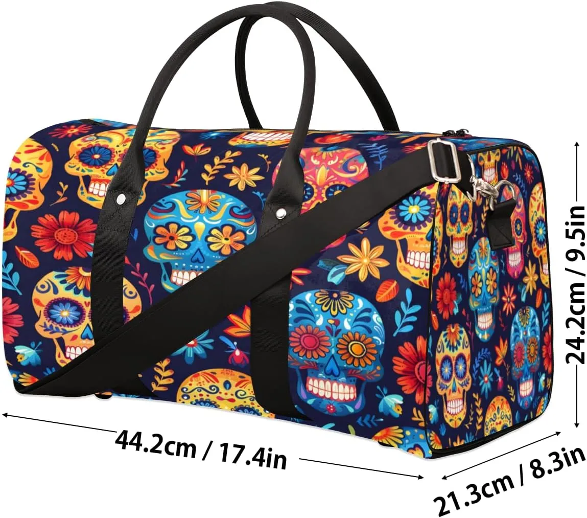 Gothic Skull Floral Travel Duffle Bag, Sports Gym Bags for Women Men, Carry On Weekender Overnight Bag, Sugar Skull Flower Workout Hospital Airplane Trips Bag
