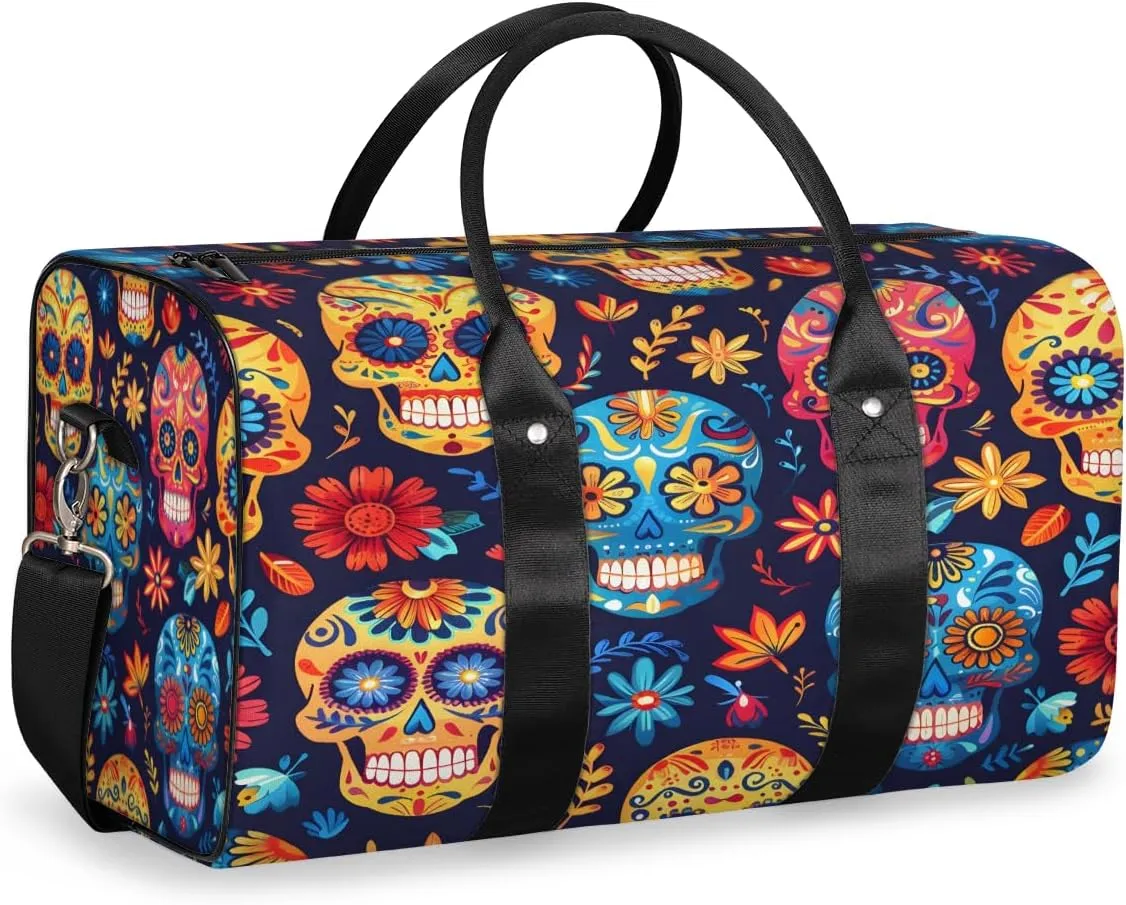 Gothic Skull Floral Travel Duffle Bag, Sports Gym Bags for Women Men, Carry On Weekender Overnight Bag, Sugar Skull Flower Workout Hospital Airplane Trips Bag