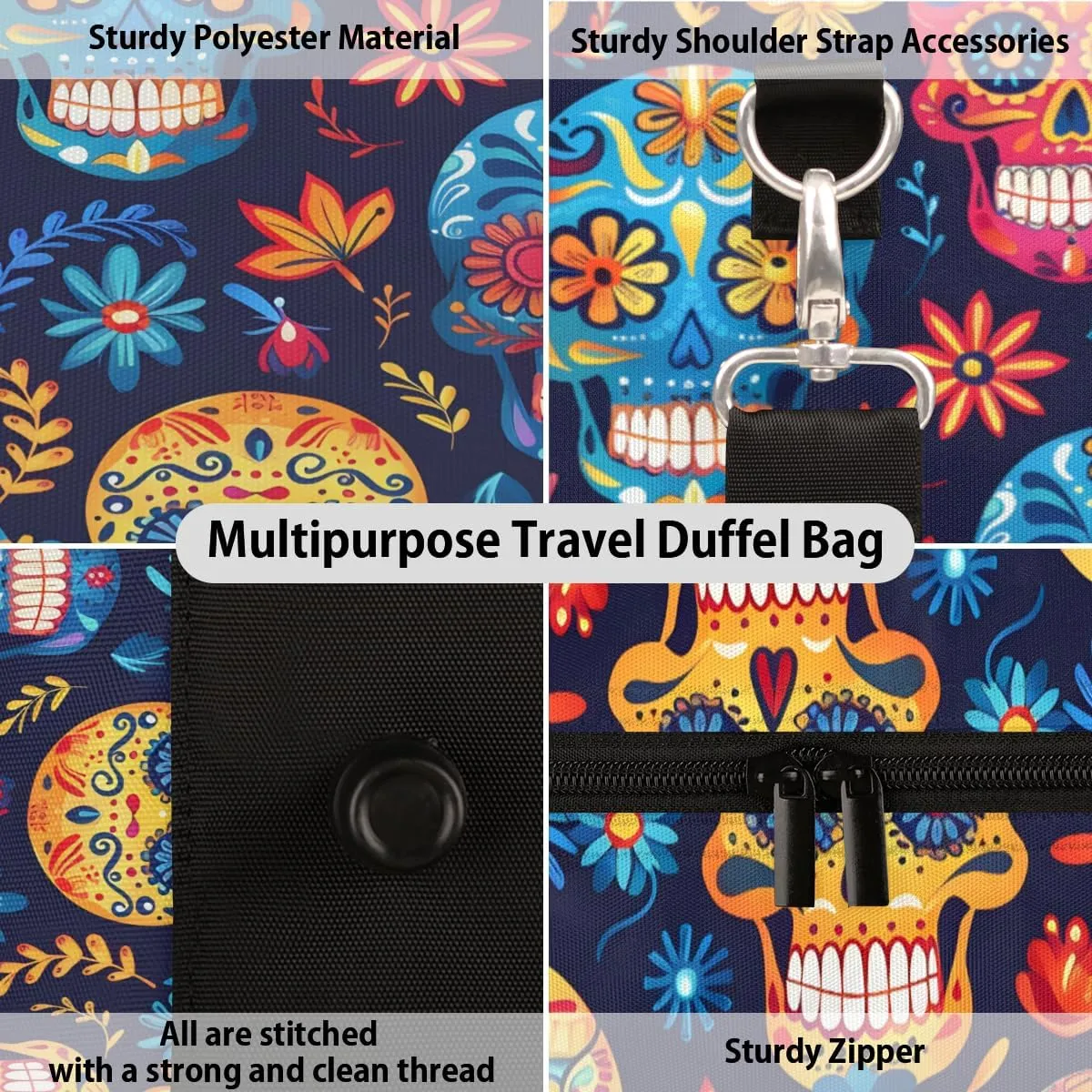 Gothic Skull Floral Travel Duffle Bag, Sports Gym Bags for Women Men, Carry On Weekender Overnight Bag, Sugar Skull Flower Workout Hospital Airplane Trips Bag