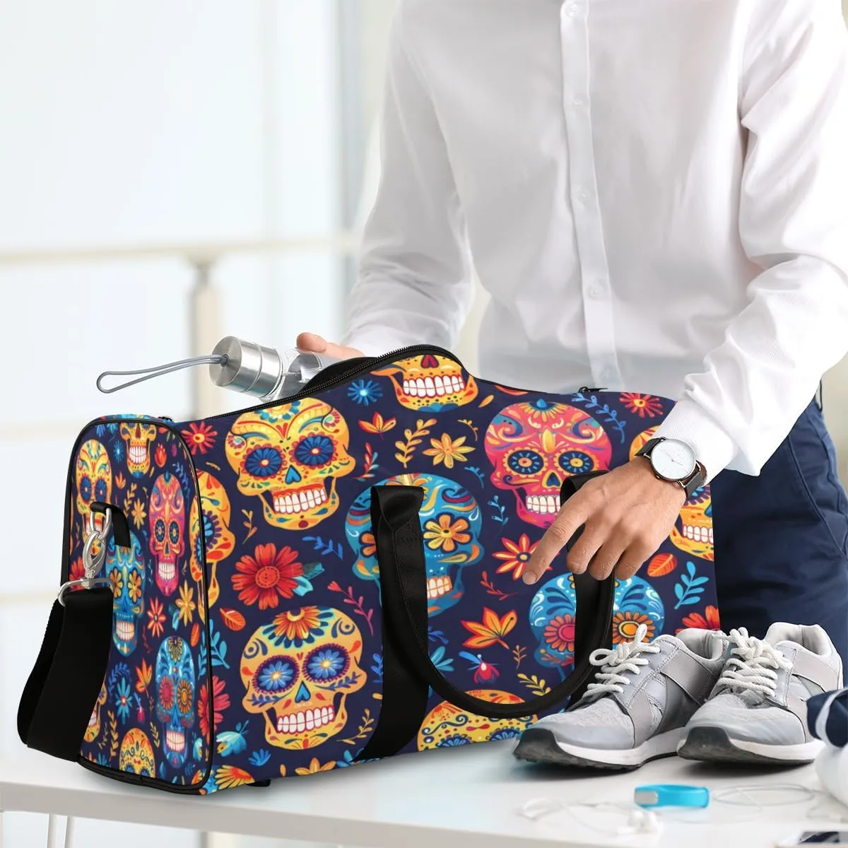 Gothic Skull Floral Travel Duffle Bag, Sports Gym Bags for Women Men, Carry On Weekender Overnight Bag, Sugar Skull Flower Workout Hospital Airplane Trips Bag