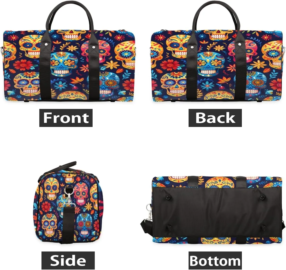 Gothic Skull Floral Travel Duffle Bag, Sports Gym Bags for Women Men, Carry On Weekender Overnight Bag, Sugar Skull Flower Workout Hospital Airplane Trips Bag