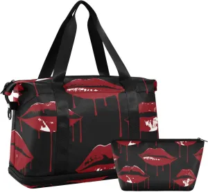 Gothic Style Darkness Bleed Lips Red Gym Duffel Bag Weekend Bag with Adjustable Strap for Workout Multifunctional