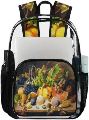 Grape Fruits Painting Clear Backpack Stadium Approved Heavy Duty PVC Transparent Backpacks Large Laptop Backpack for Work Travel Sports Events Concerts