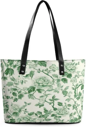 Green Floral Chinoiserie Pattern Women Soft Leather Handbags Tote Purses Shoulder Bucket Bags