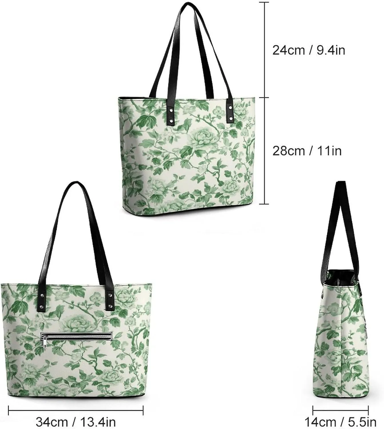 Green Floral Chinoiserie Pattern Women Soft Leather Handbags Tote Purses Shoulder Bucket Bags