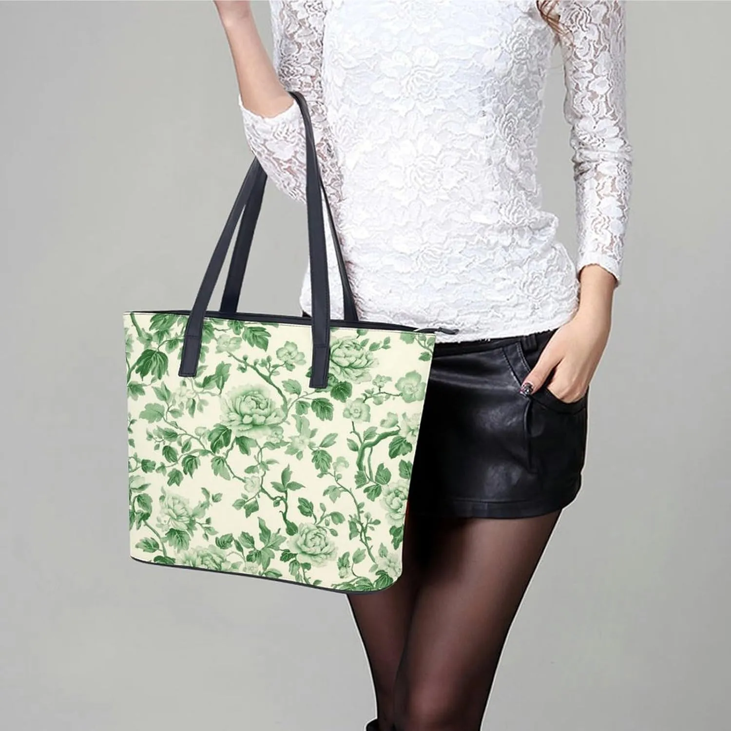 Green Floral Chinoiserie Pattern Women Soft Leather Handbags Tote Purses Shoulder Bucket Bags