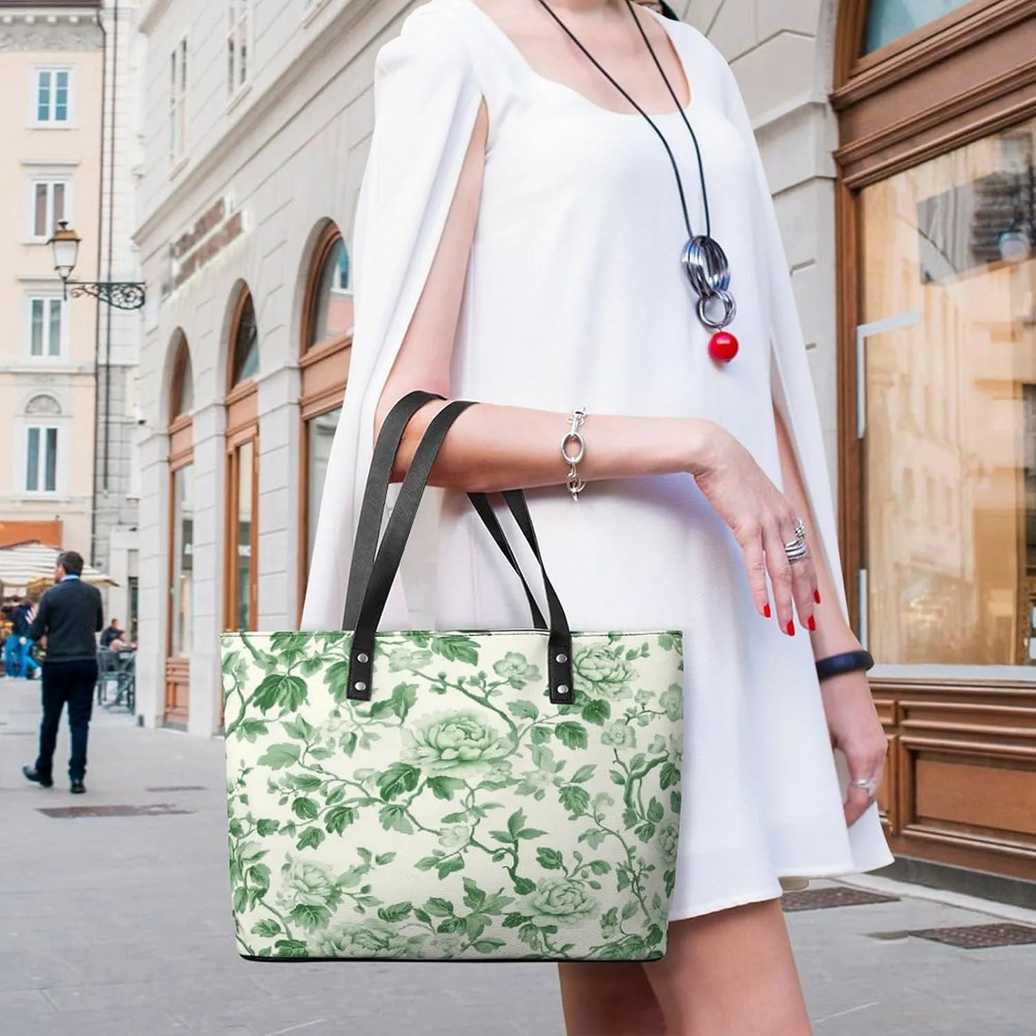 Green Floral Chinoiserie Pattern Women Soft Leather Handbags Tote Purses Shoulder Bucket Bags