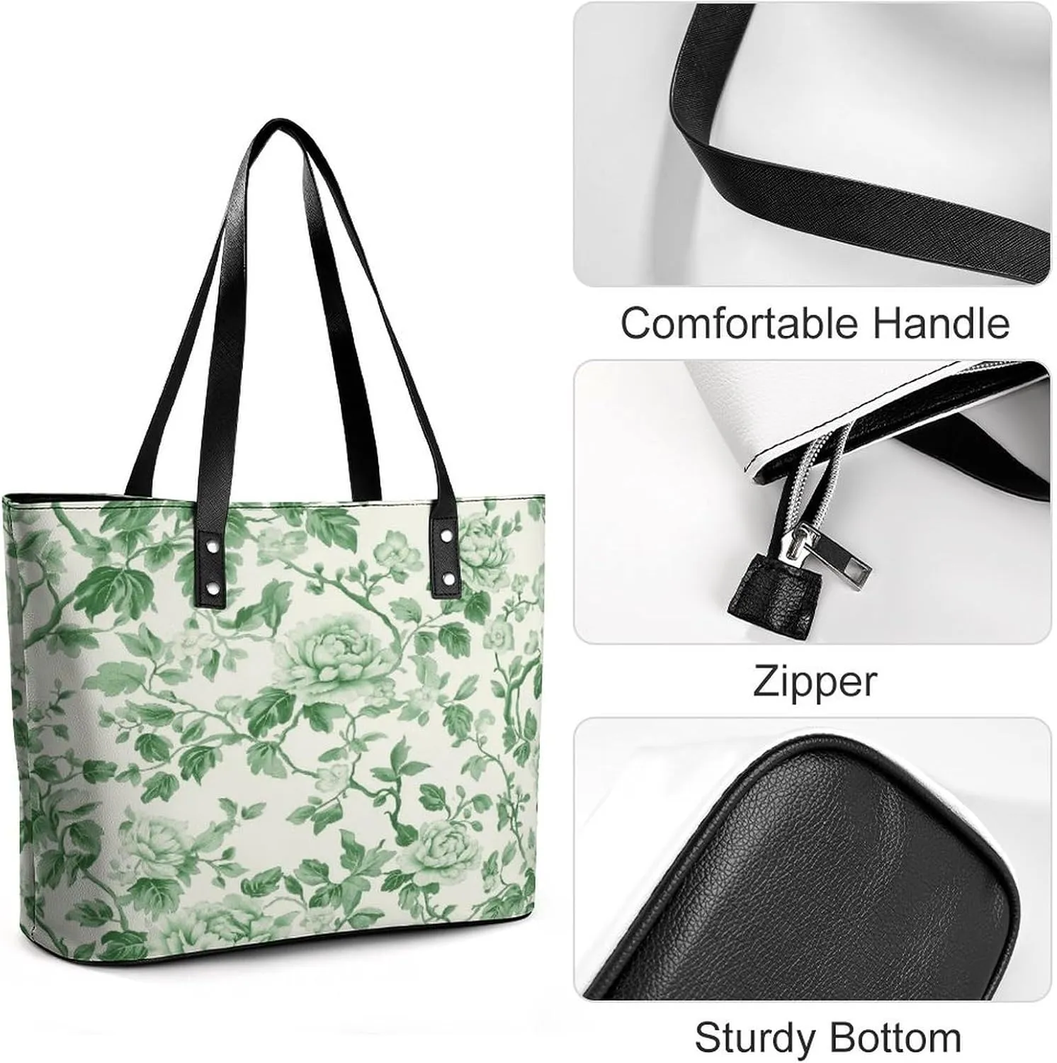 Green Floral Chinoiserie Pattern Women Soft Leather Handbags Tote Purses Shoulder Bucket Bags
