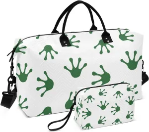 Green Hand Drawn Frog Paw Footprint Duffel Bag for Gym Yoga Weekender Overnight Quilting Travel Bag Set