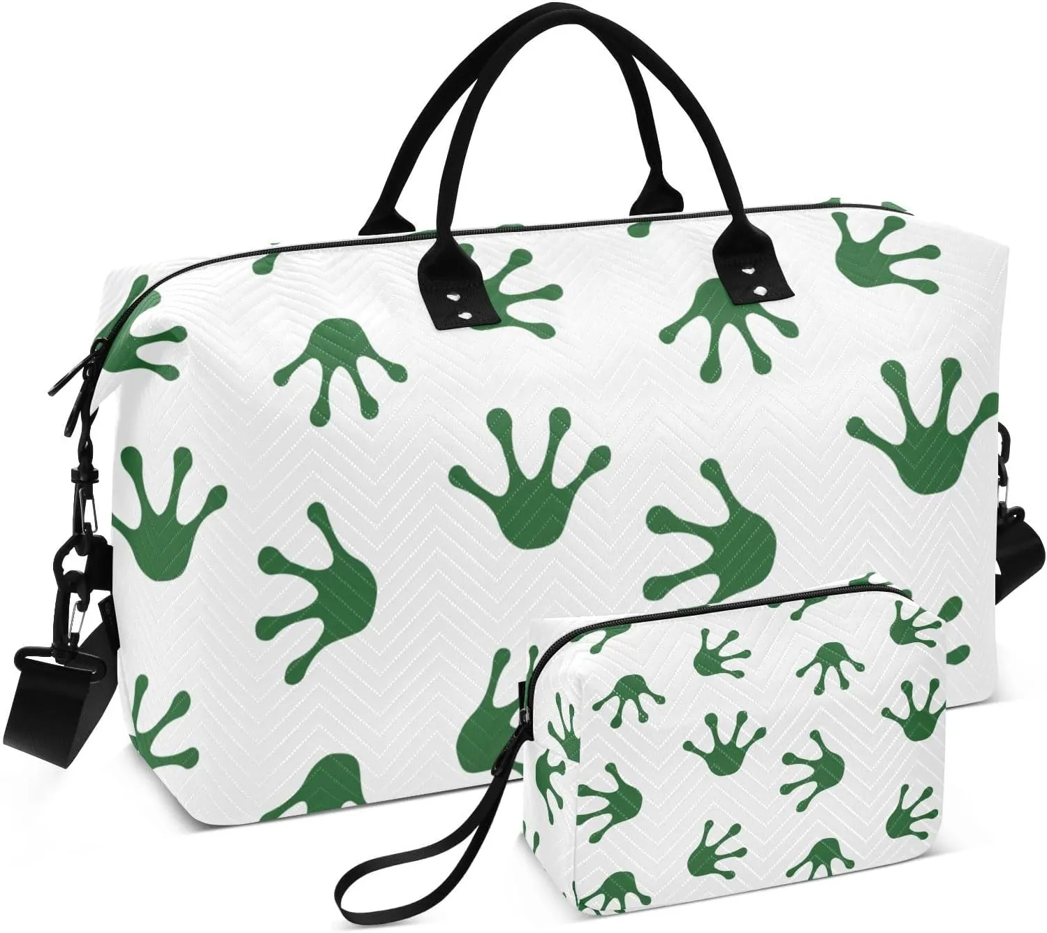 Green Hand Drawn Frog Paw Footprint Duffel Bag for Gym Yoga Weekender Overnight Quilting Travel Bag Set