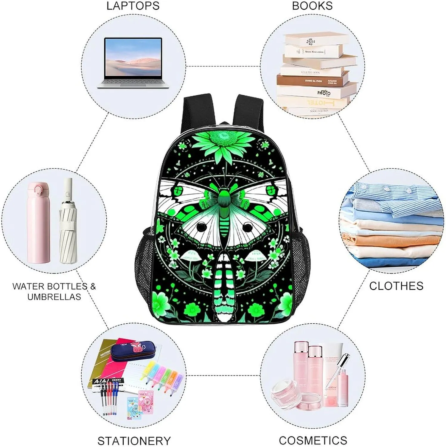 Green Moth Butterfly Floral Flowers Vintage Art Daypack Backpack Transparent Multipurpose Anti-Theft Shoulder Bag Big Capacity Gym Outdoor Hiking Backpack With Smooth Zippers