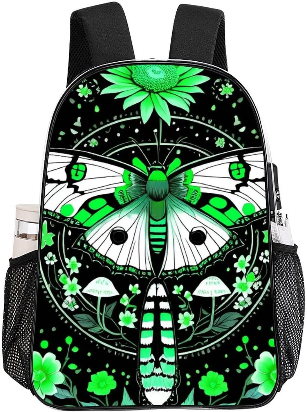 Green Moth Butterfly Floral Flowers Vintage Art Daypack Backpack Transparent Multipurpose Anti-Theft Shoulder Bag Big Capacity Gym Outdoor Hiking Backpack With Smooth Zippers