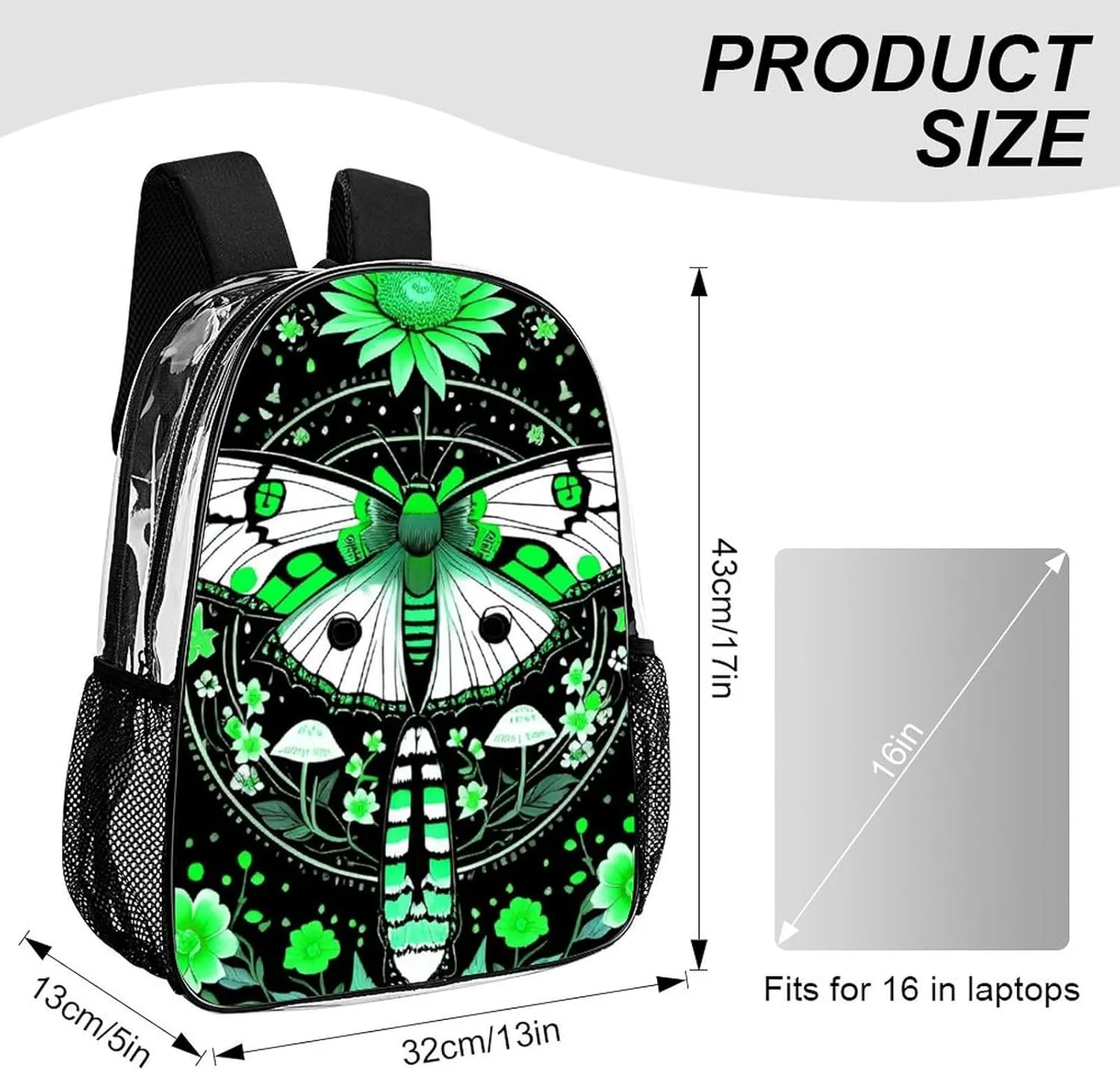 Green Moth Butterfly Floral Flowers Vintage Art Daypack Backpack Transparent Multipurpose Anti-Theft Shoulder Bag Big Capacity Gym Outdoor Hiking Backpack With Smooth Zippers