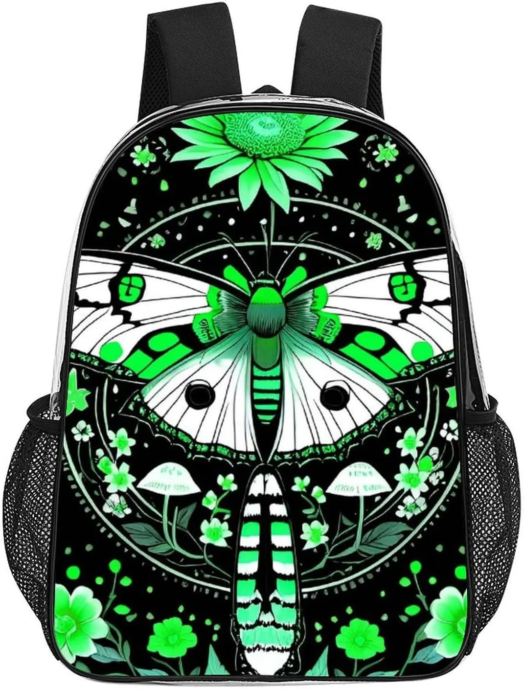 Green Moth Butterfly Floral Flowers Vintage Art Daypack Backpack Transparent Multipurpose Anti-Theft Shoulder Bag Big Capacity Gym Outdoor Hiking Backpack With Smooth Zippers