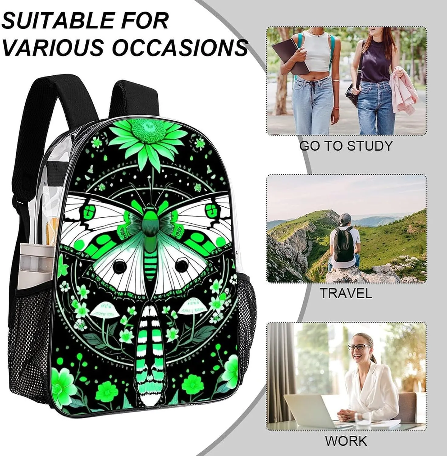 Green Moth Butterfly Floral Flowers Vintage Art Daypack Backpack Transparent Multipurpose Anti-Theft Shoulder Bag Big Capacity Gym Outdoor Hiking Backpack With Smooth Zippers