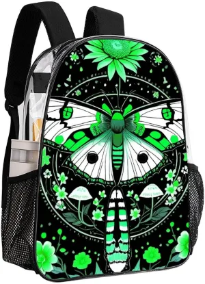 Green Moth Butterfly Floral Flowers Vintage Art Daypack Backpack Transparent Multipurpose Anti-Theft Shoulder Bag Big Capacity Gym Outdoor Hiking Backpack With Smooth Zippers