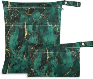 Greenish-gold Marble Texture waterproof bags for cloth 2 Pack wet bag for swimsuit with handles for beach, travel