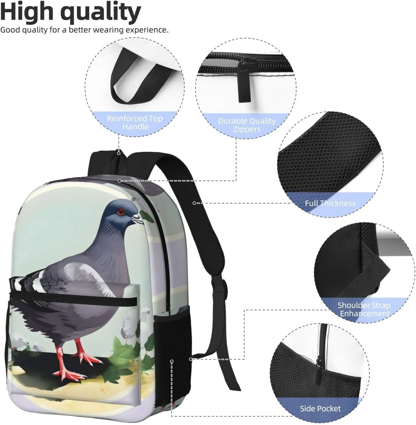 Grey Pigeon Print Travel Laptops Backpack For Women Men,Casual Work Bag 17inch Backpacks For Hiking Business