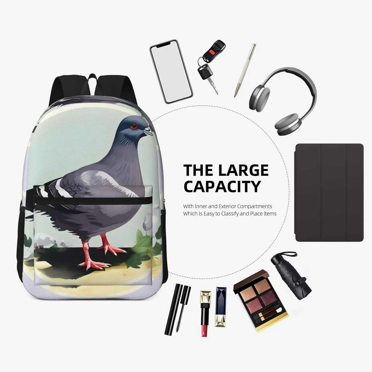 Grey Pigeon Print Travel Laptops Backpack For Women Men,Casual Work Bag 17inch Backpacks For Hiking Business