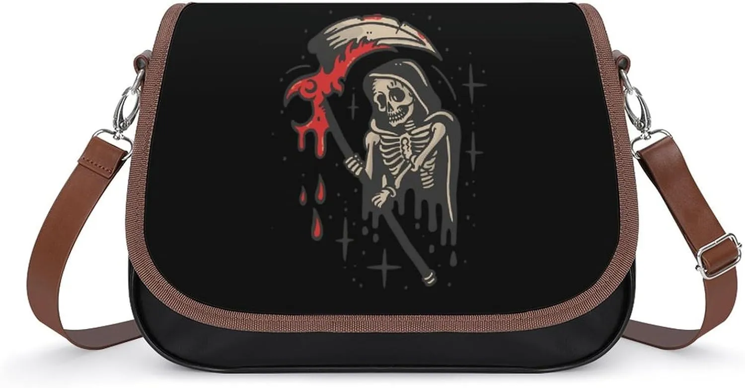 Grim Reaper Leather Crossbody Bags for Women Travel Shoulder Backpack Messenger Bag Adjustable Shoulder Strap