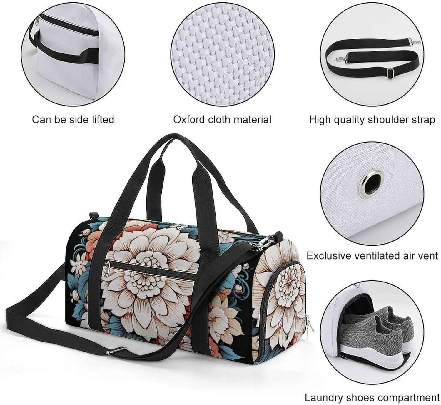 Gym Bag Floral Print Duffel Bag for Men Women Overnight Bag with Shoe Compartment Workout Bags