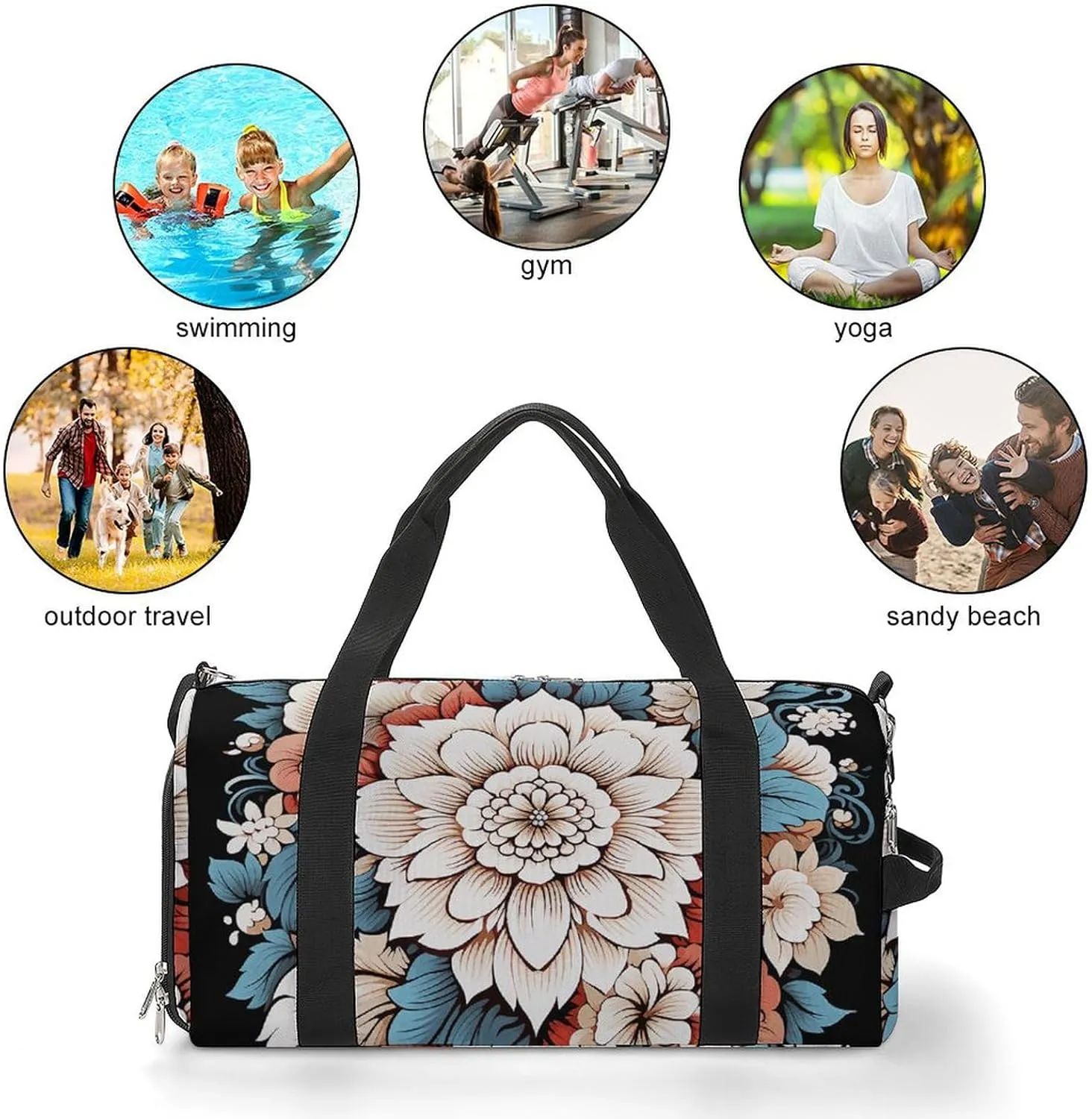 Gym Bag Floral Print Duffel Bag for Men Women Overnight Bag with Shoe Compartment Workout Bags