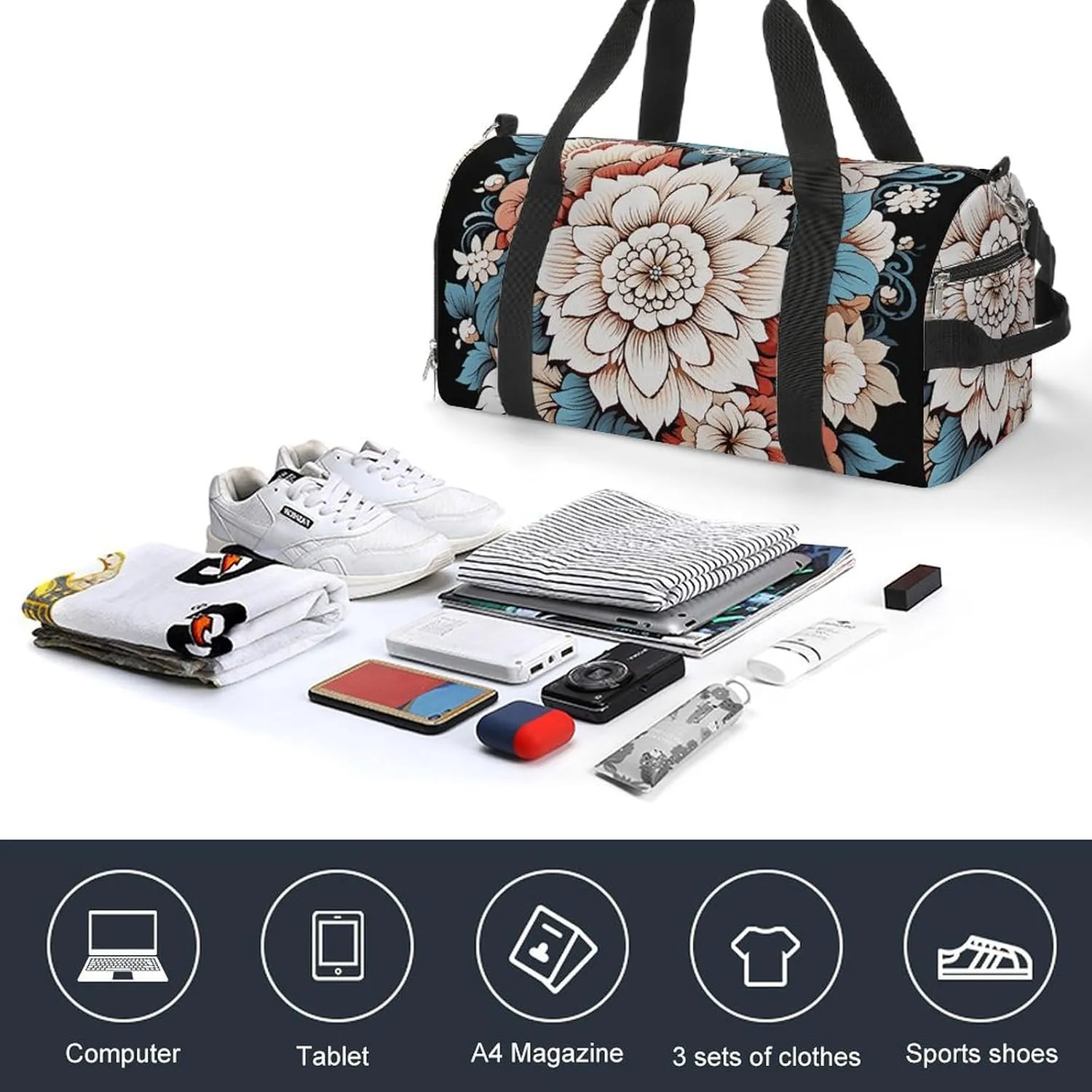 Gym Bag Floral Print Duffel Bag for Men Women Overnight Bag with Shoe Compartment Workout Bags
