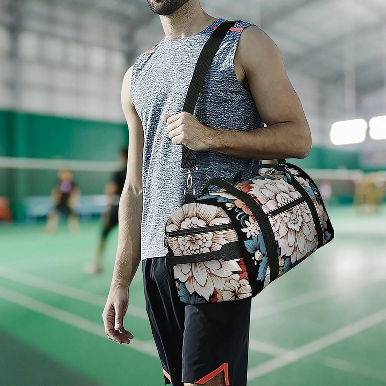 Gym Bag Floral Print Duffel Bag for Men Women Overnight Bag with Shoe Compartment Workout Bags